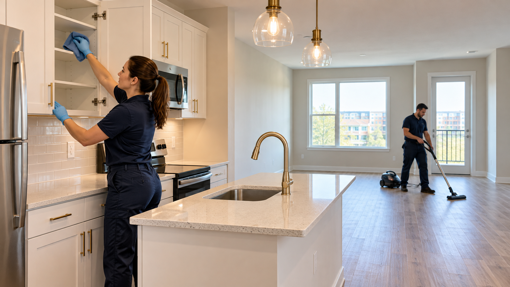 Two professional cleaners detailing an empty apartment kitchen and vacuuming the living area during a rental turnover.