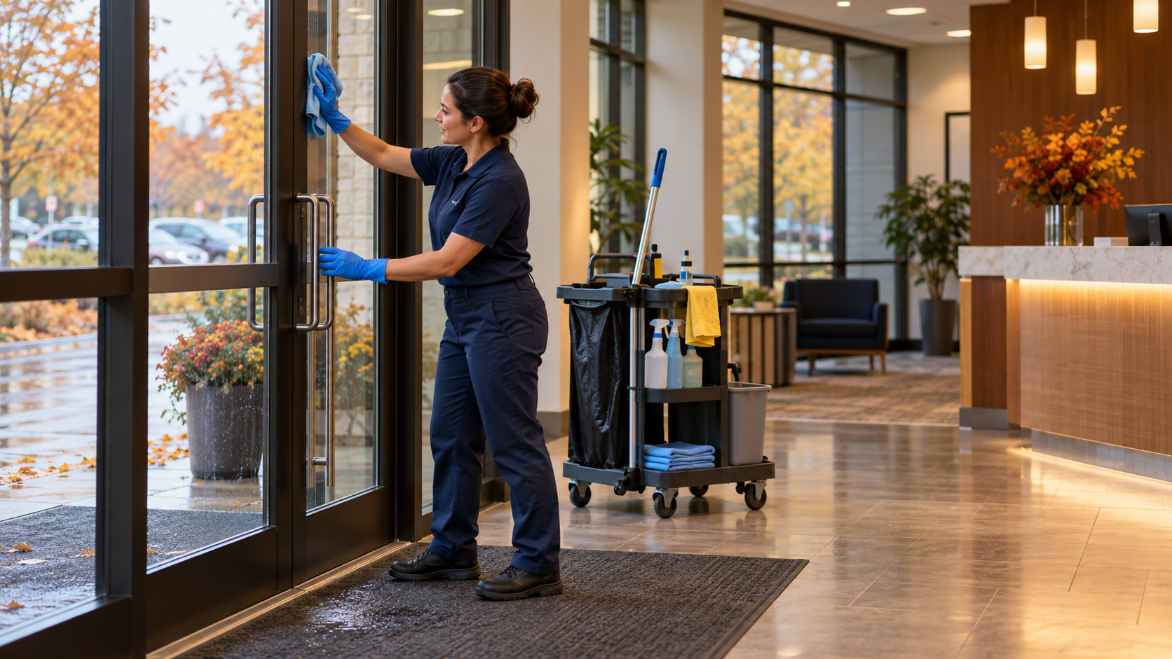 Professional cleaner wiping a glass office entrance beside a cleaning cart on a rainy fall day in Southeast Wisconsin.